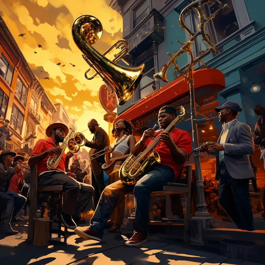 Vibrant jazz band performing energetically on a street corner - Image 2