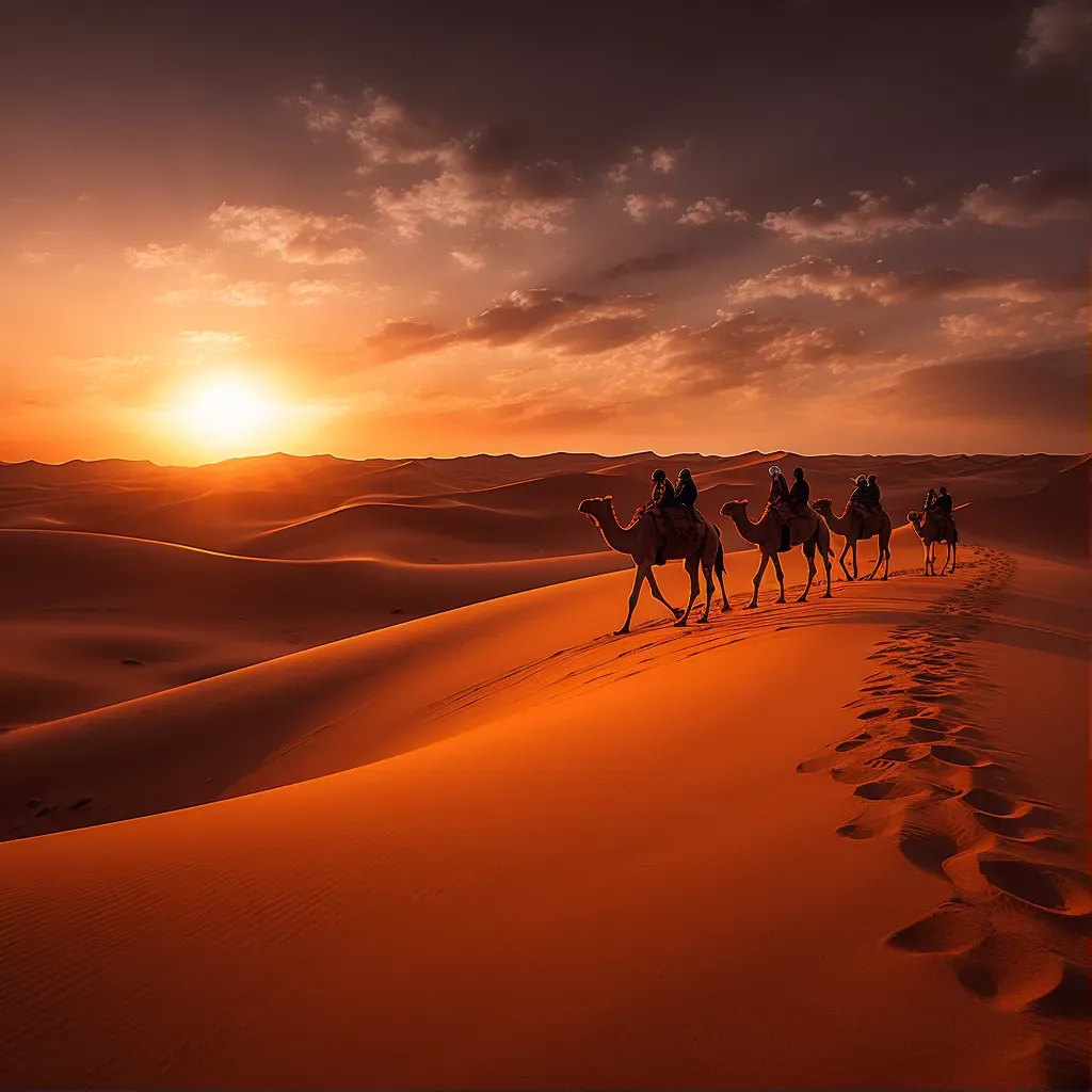 Camel caravan crossing Sahara Desert at sunset - Image 1