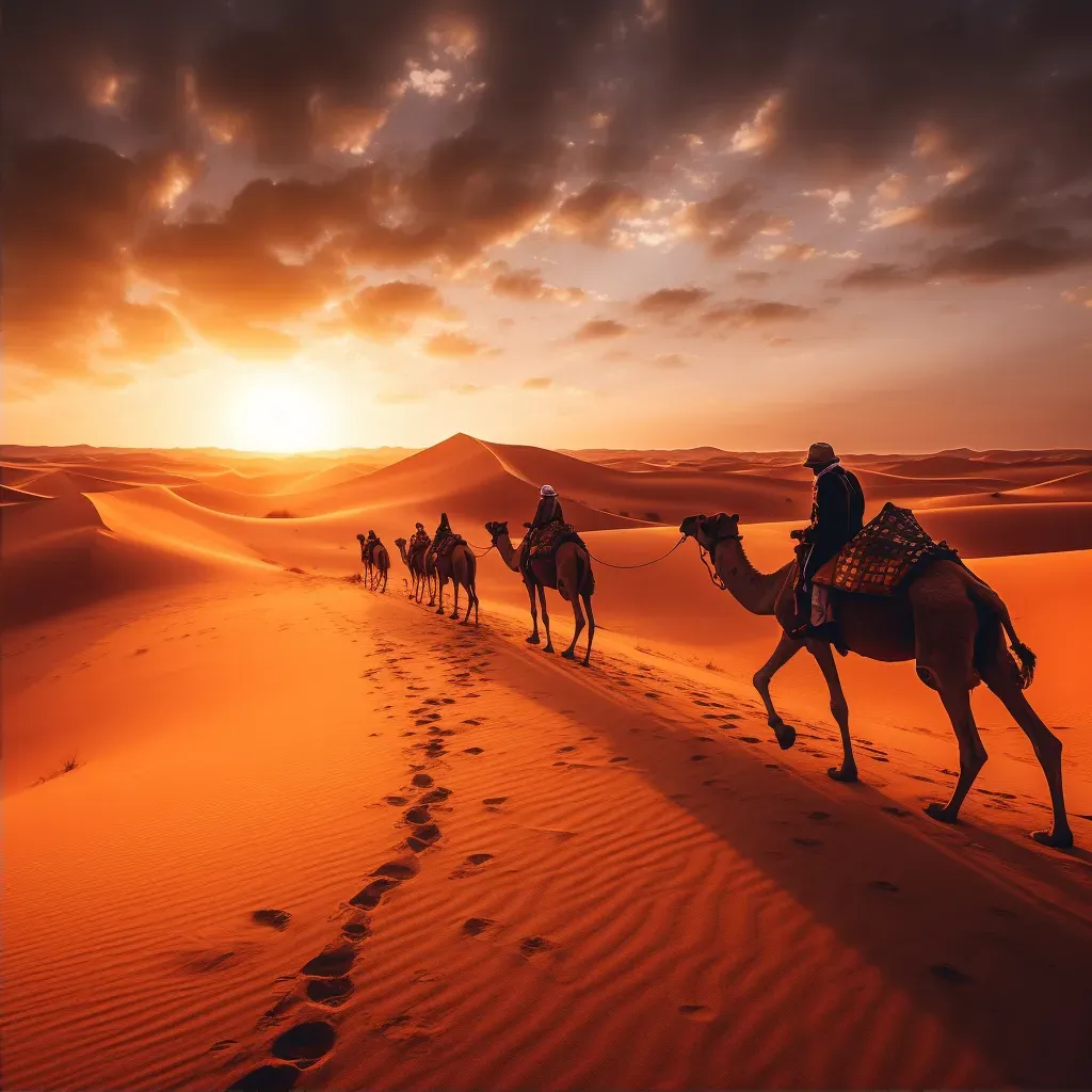 Camel caravan crossing Sahara Desert at sunset - Image 2