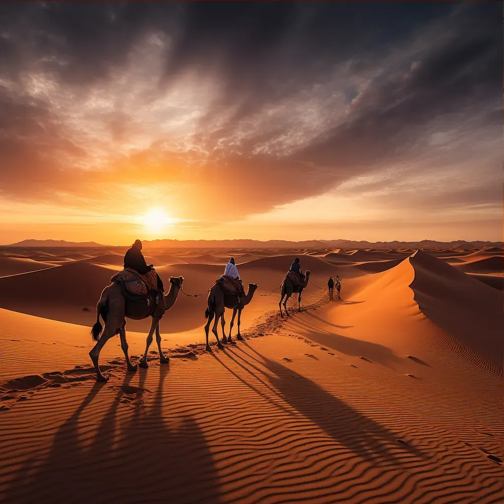 Camel caravan crossing Sahara Desert at sunset - Image 3