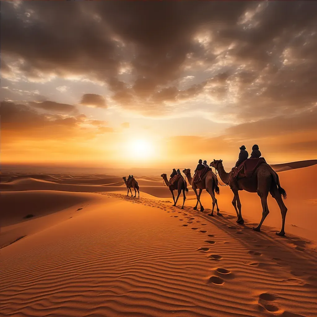 Camel caravan crossing Sahara Desert at sunset - Image 4