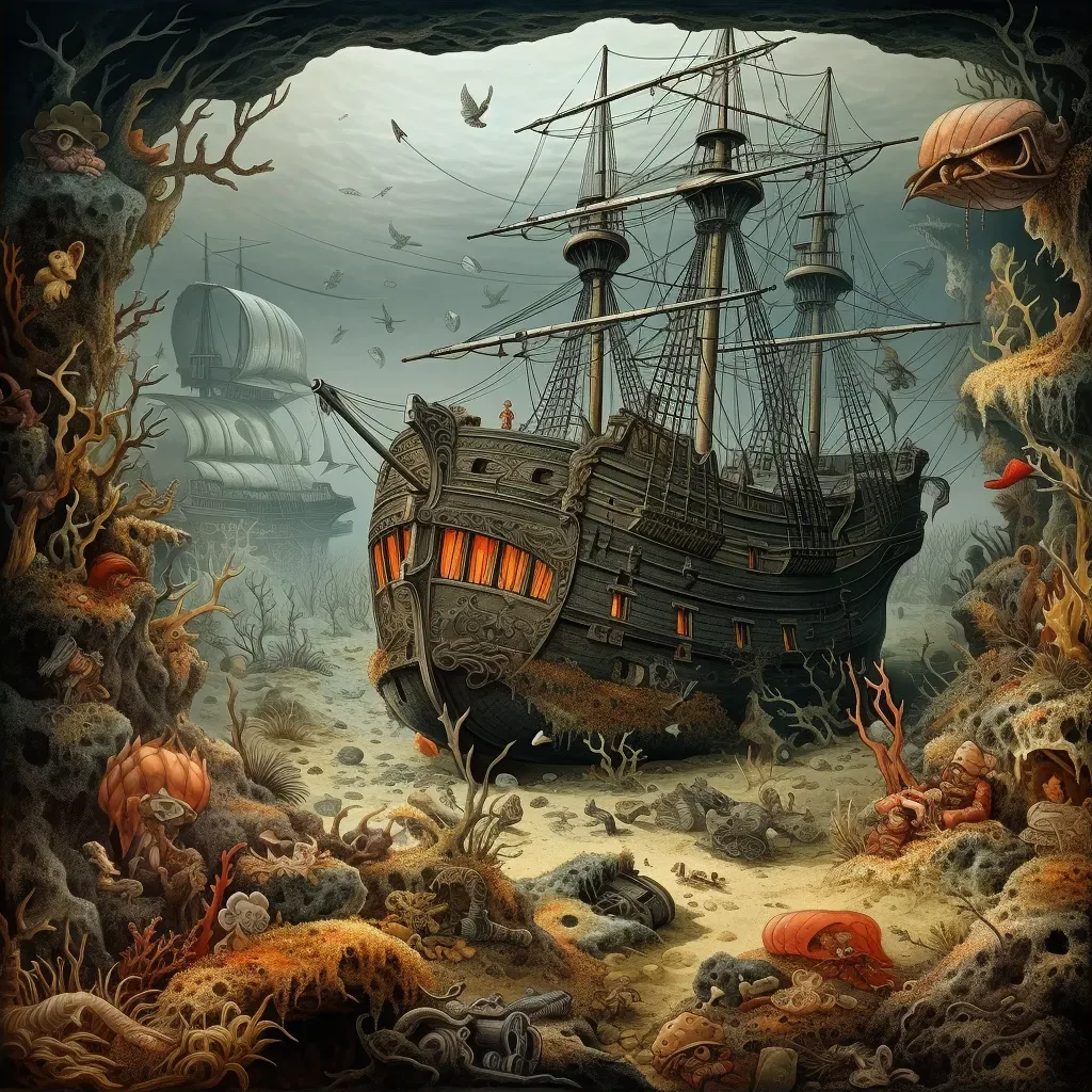 Sunken pirate ship surrounded by marine creatures on ocean floor - Image 2