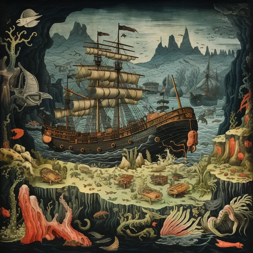 Sunken pirate ship surrounded by marine creatures on ocean floor - Image 3