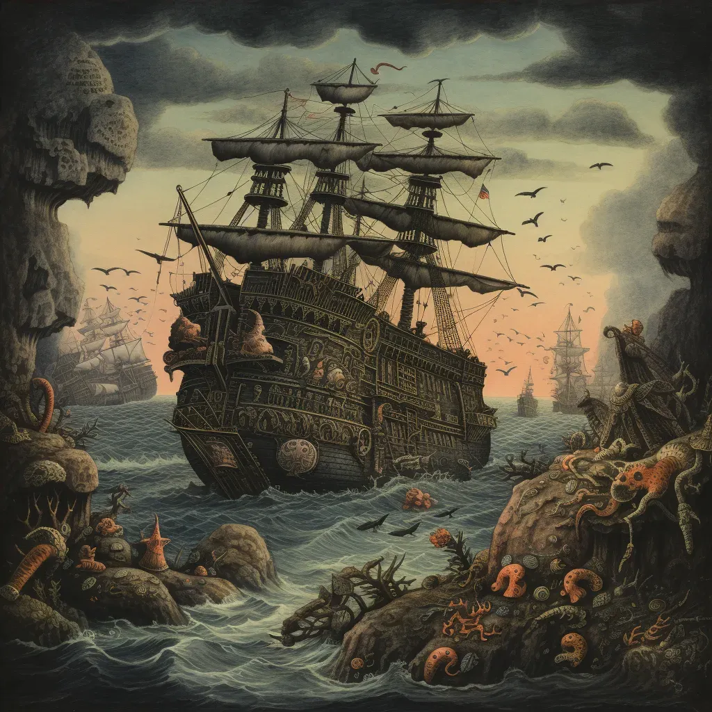 Sunken pirate ship surrounded by marine creatures on ocean floor - Image 4