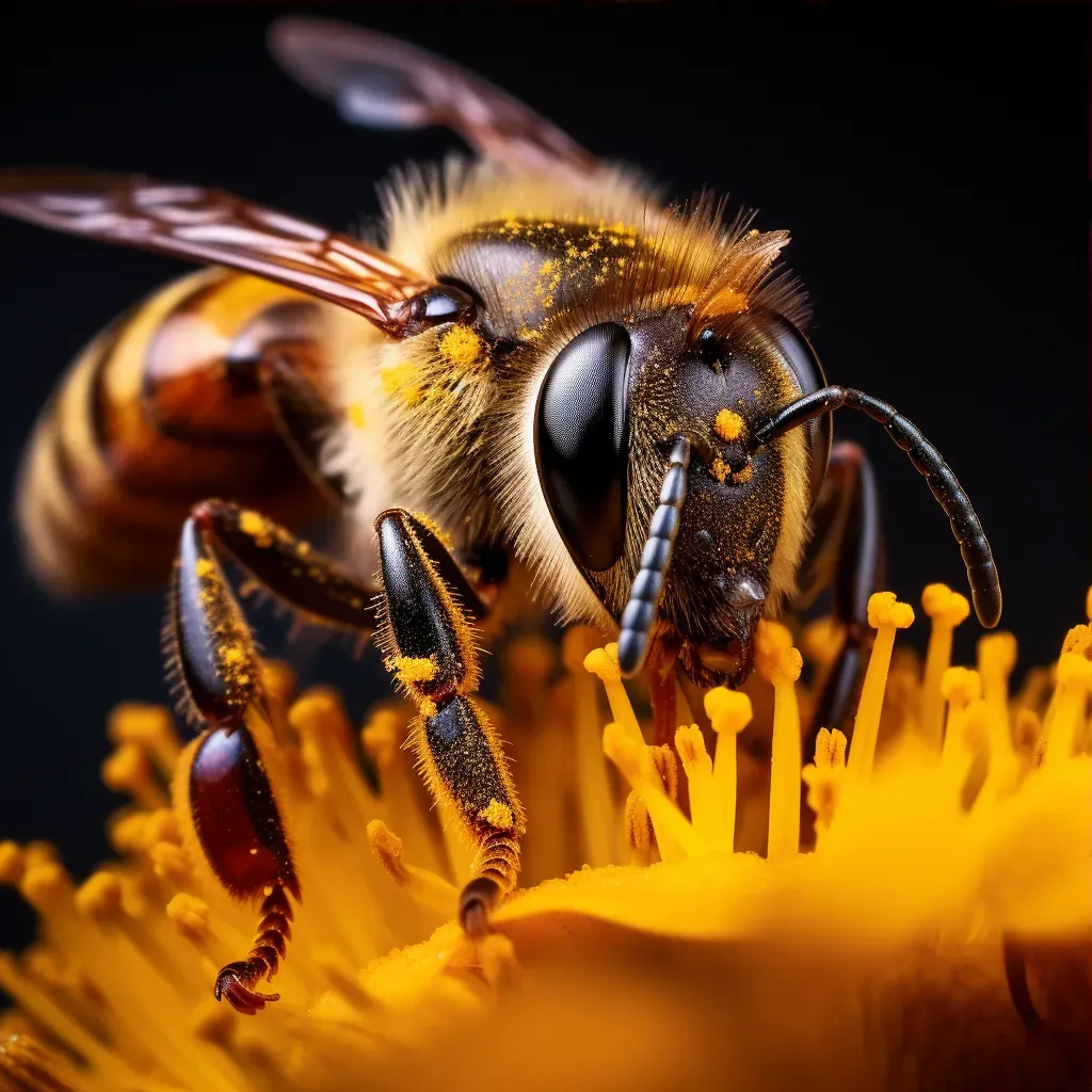 Macro view image of a bee on a flower with pollen grains and intricate petal details - Image 3