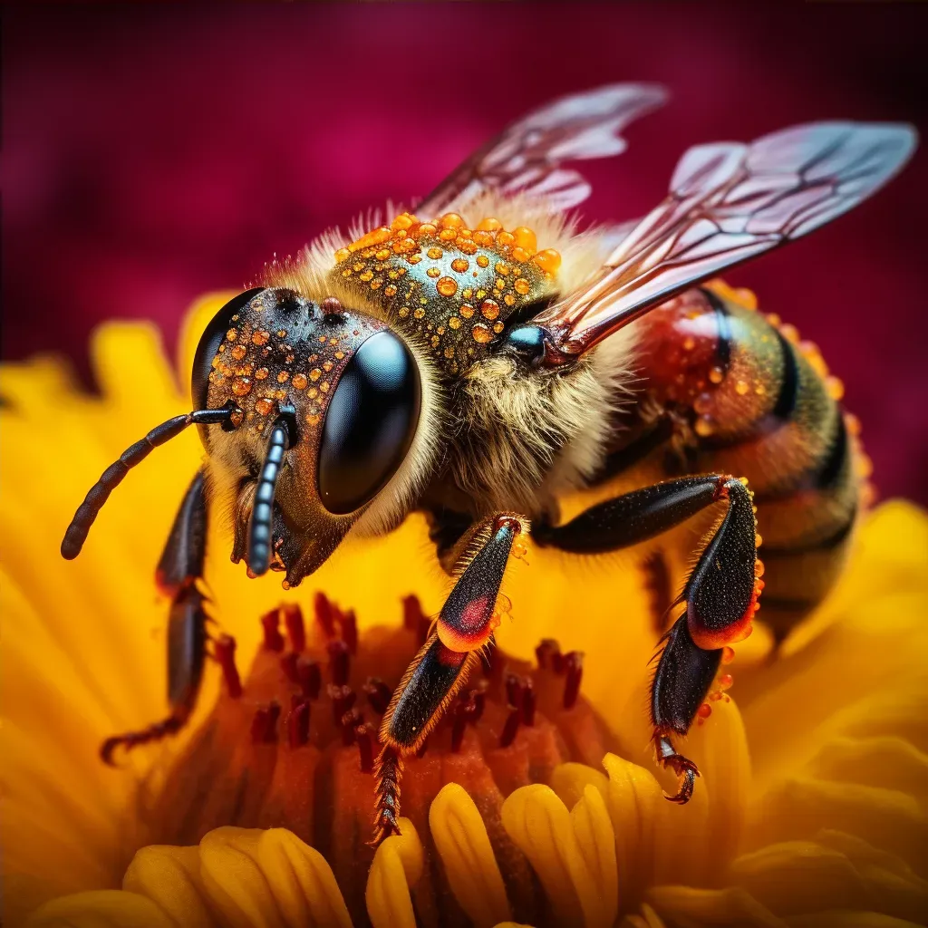 Macro view image of a bee on a flower with pollen grains and intricate petal details - Image 4