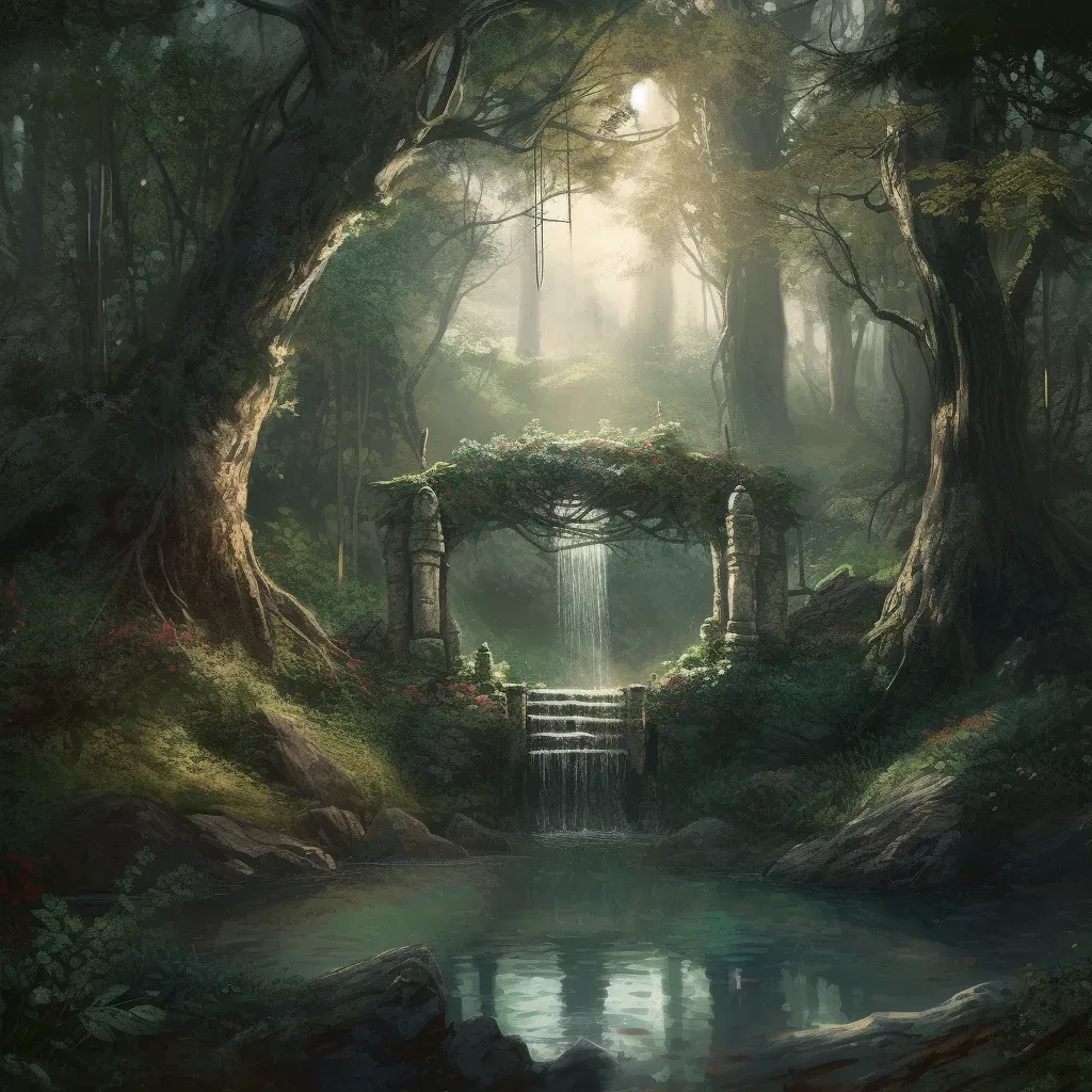 Image of a tranquil forest grove with a sacred well surrounded by lush greenery - Image 2