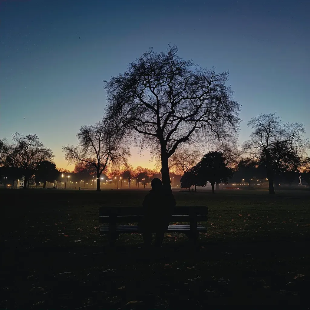 Lonely person sitting on a bench in a park at dawn - Image 2