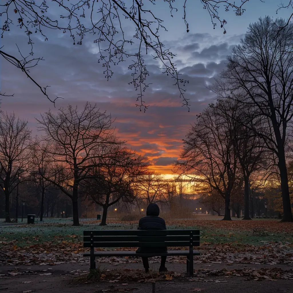 Lonely person sitting on a bench in a park at dawn - Image 4