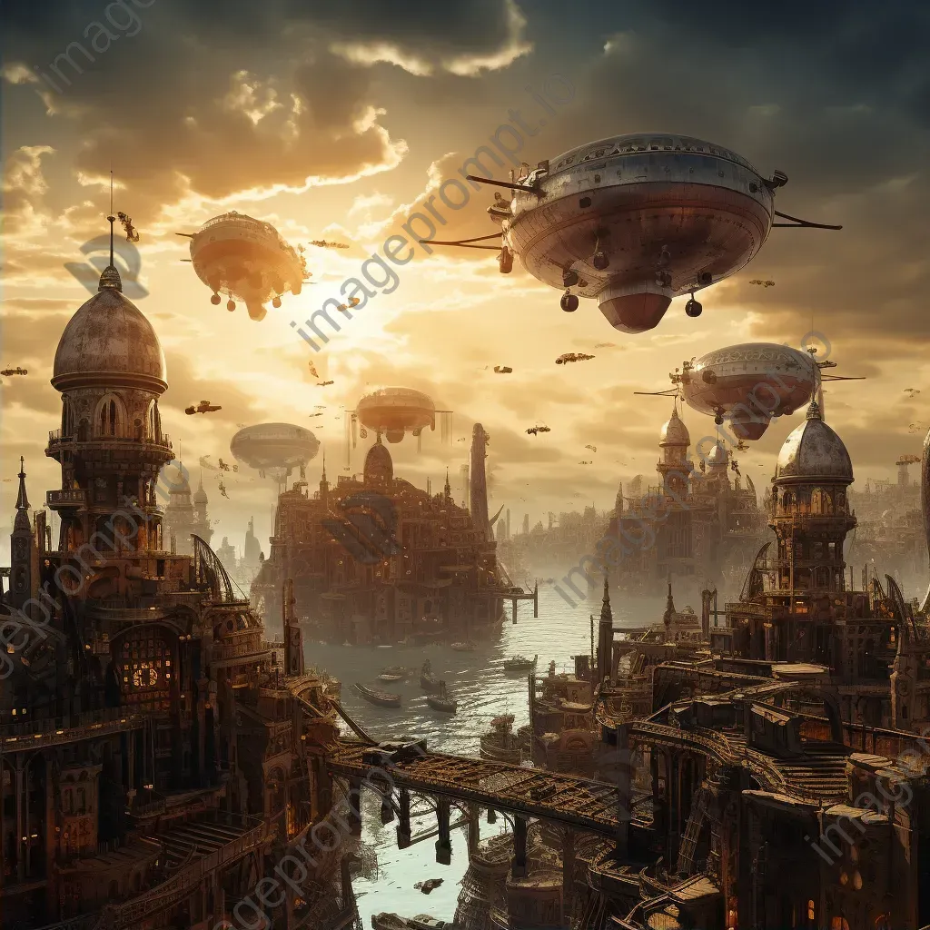 Steampunk cityscape at dawn with airships and industrial aesthetic - Image 2