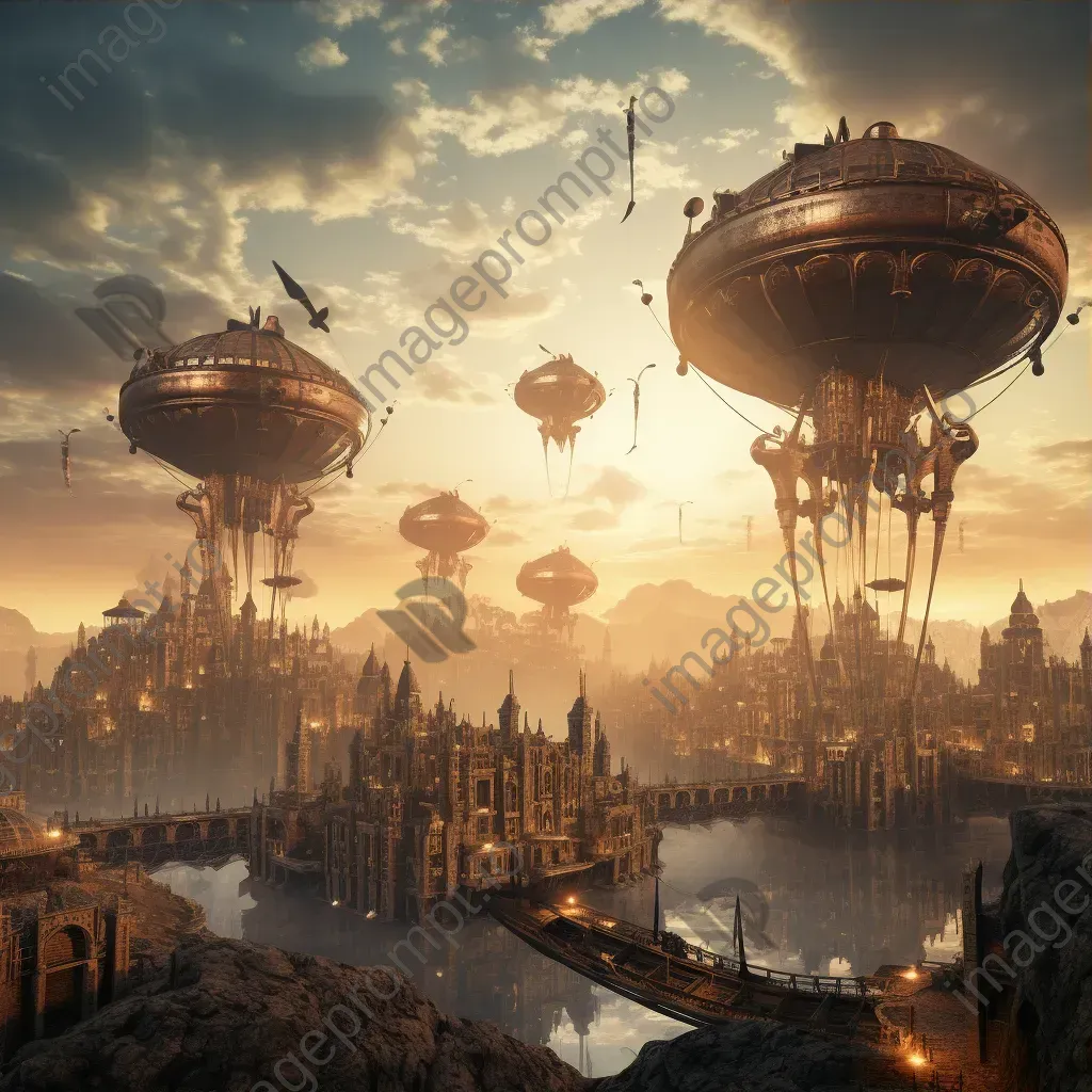 Steampunk cityscape at dawn with airships and industrial aesthetic - Image 3