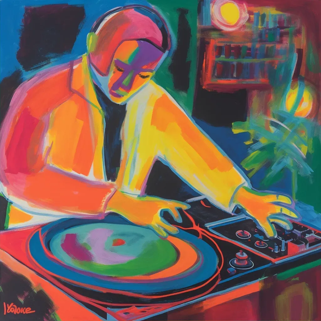 DJ mixing tracks on turntable with colorful lights - Image 2