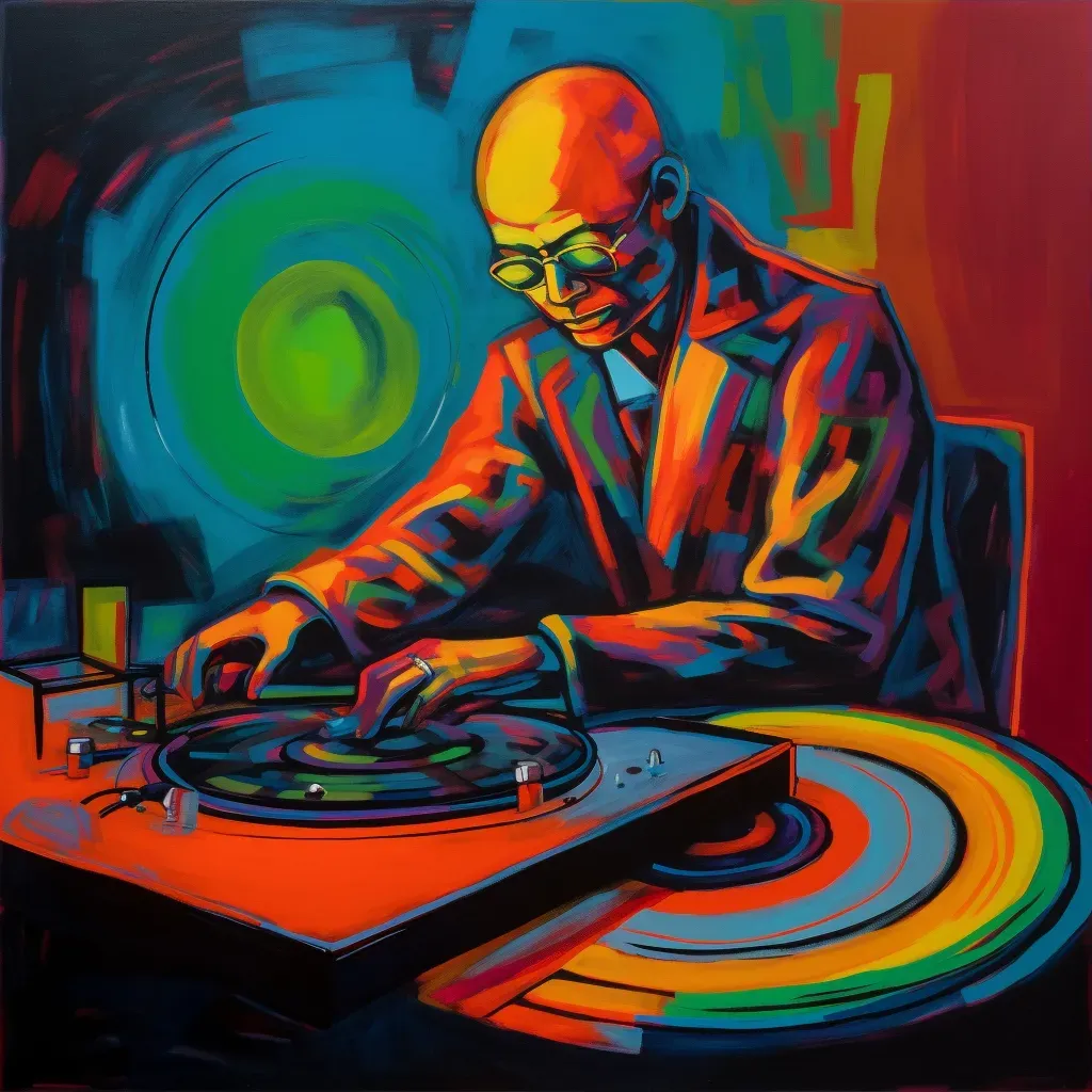 DJ mixing tracks on turntable with colorful lights - Image 3