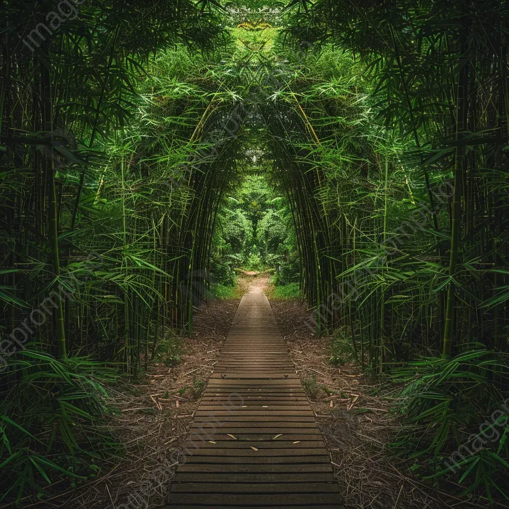 Symmetrical bamboo forest pathway with lush greenery - Image 1