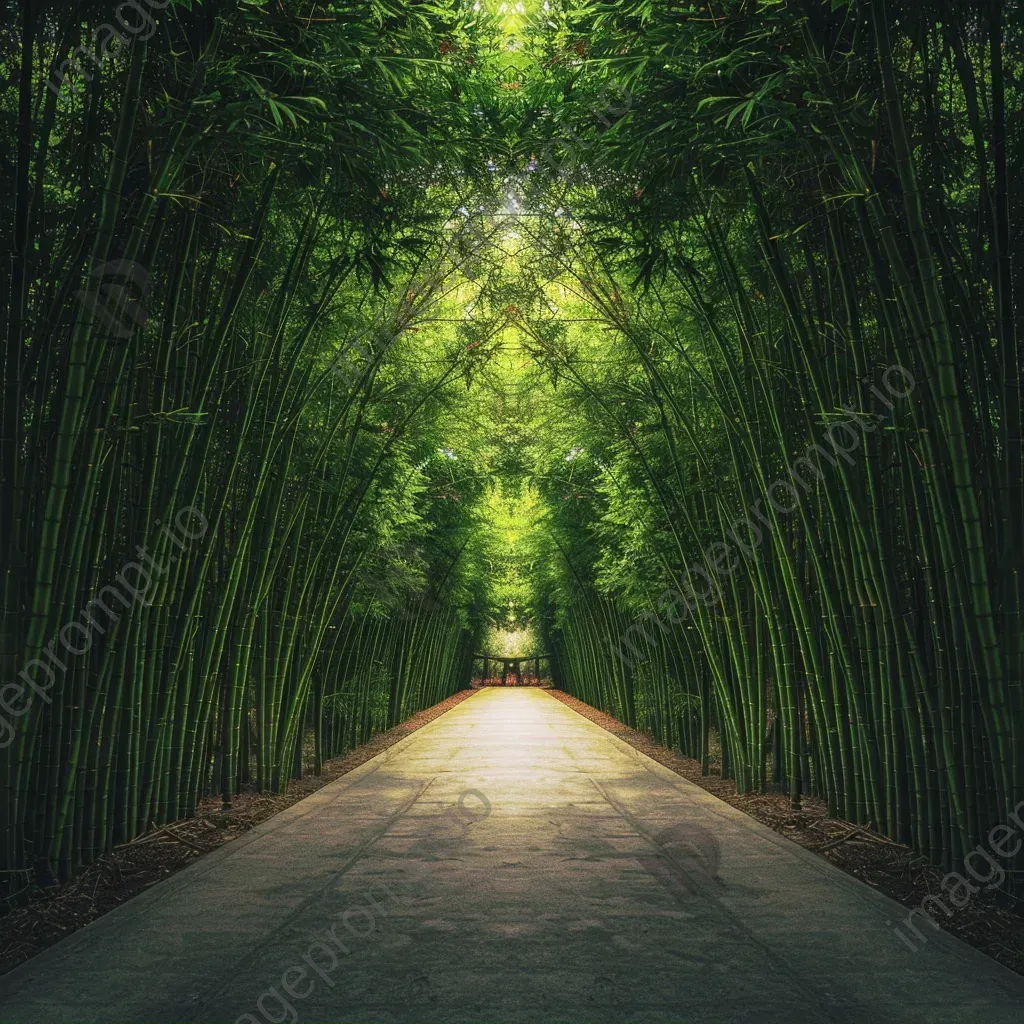 Symmetrical bamboo forest pathway with lush greenery - Image 2