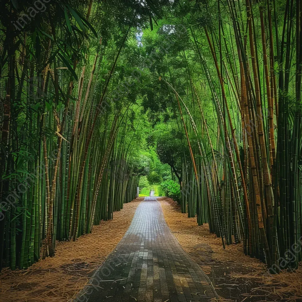 Symmetrical bamboo forest pathway with lush greenery - Image 3