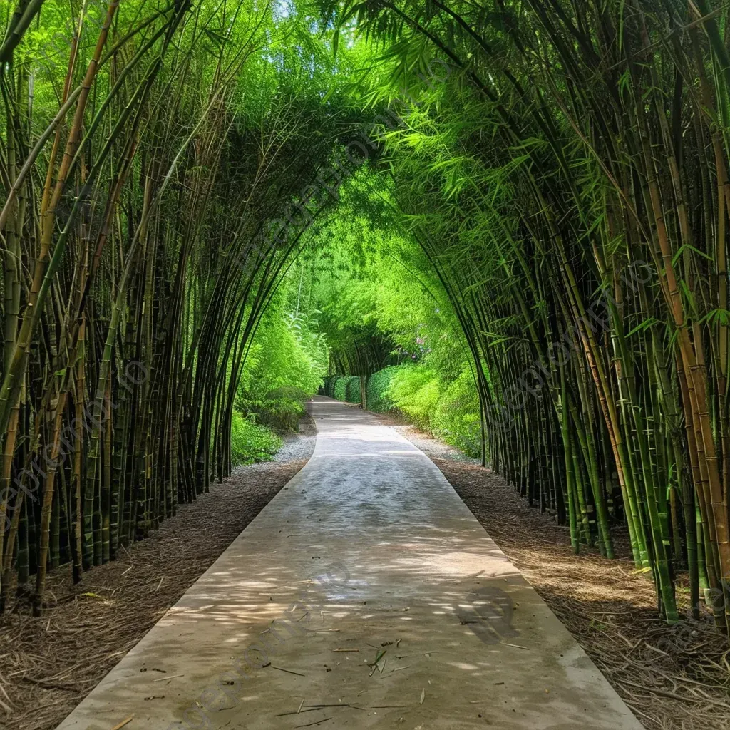 Symmetrical bamboo forest pathway with lush greenery - Image 4