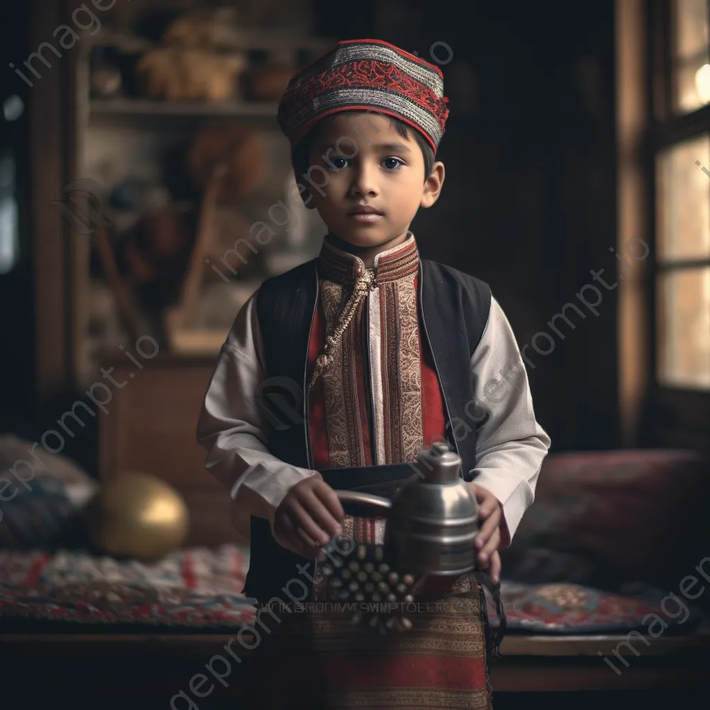 Young boy in traditional outfit holding a crafted item - Image 1