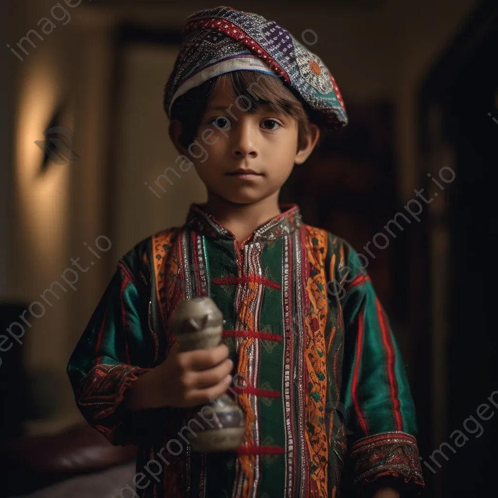 Young boy in traditional outfit holding a crafted item - Image 2