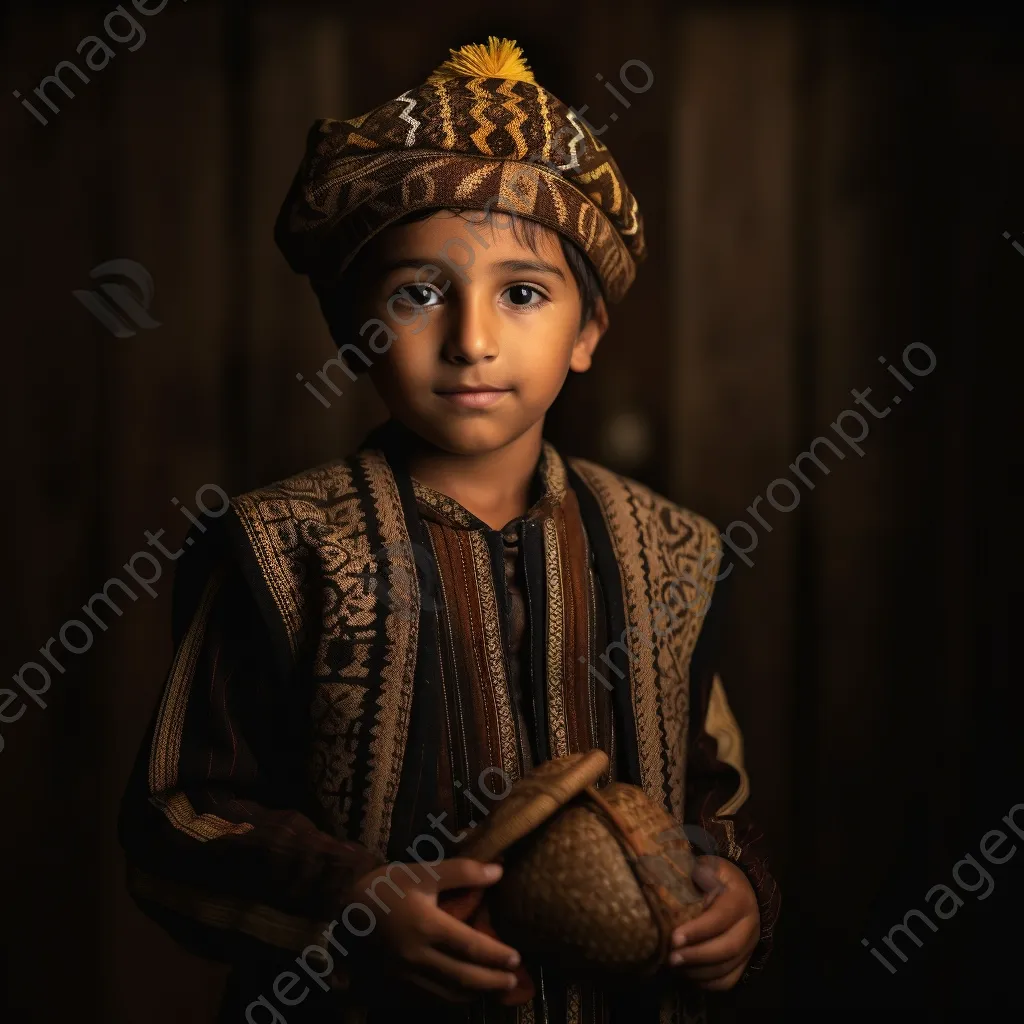 Young boy in traditional outfit holding a crafted item - Image 3