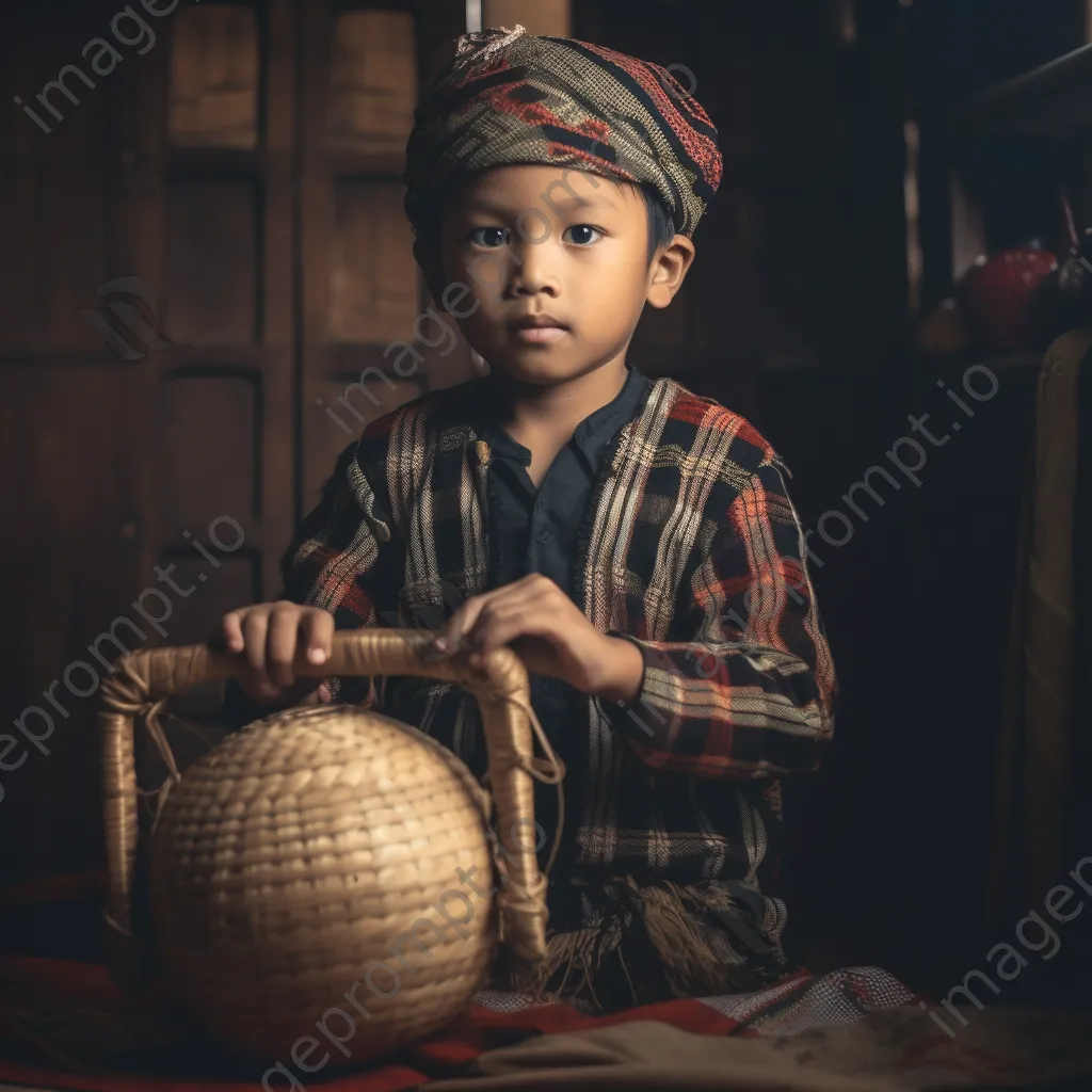 Young boy in traditional outfit holding a crafted item - Image 4