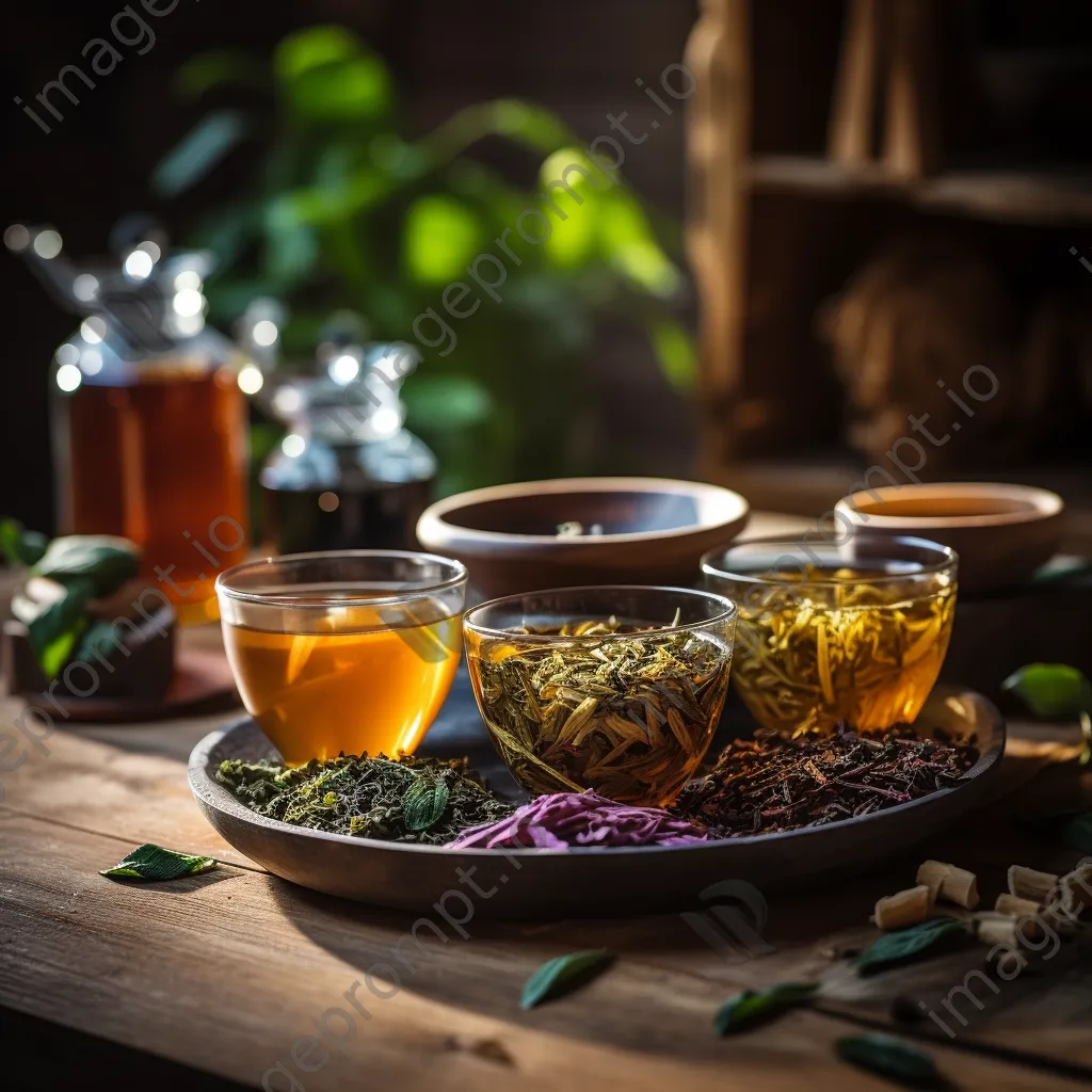 Still life of freshly brewed tea cups and loose leaves - Image 1