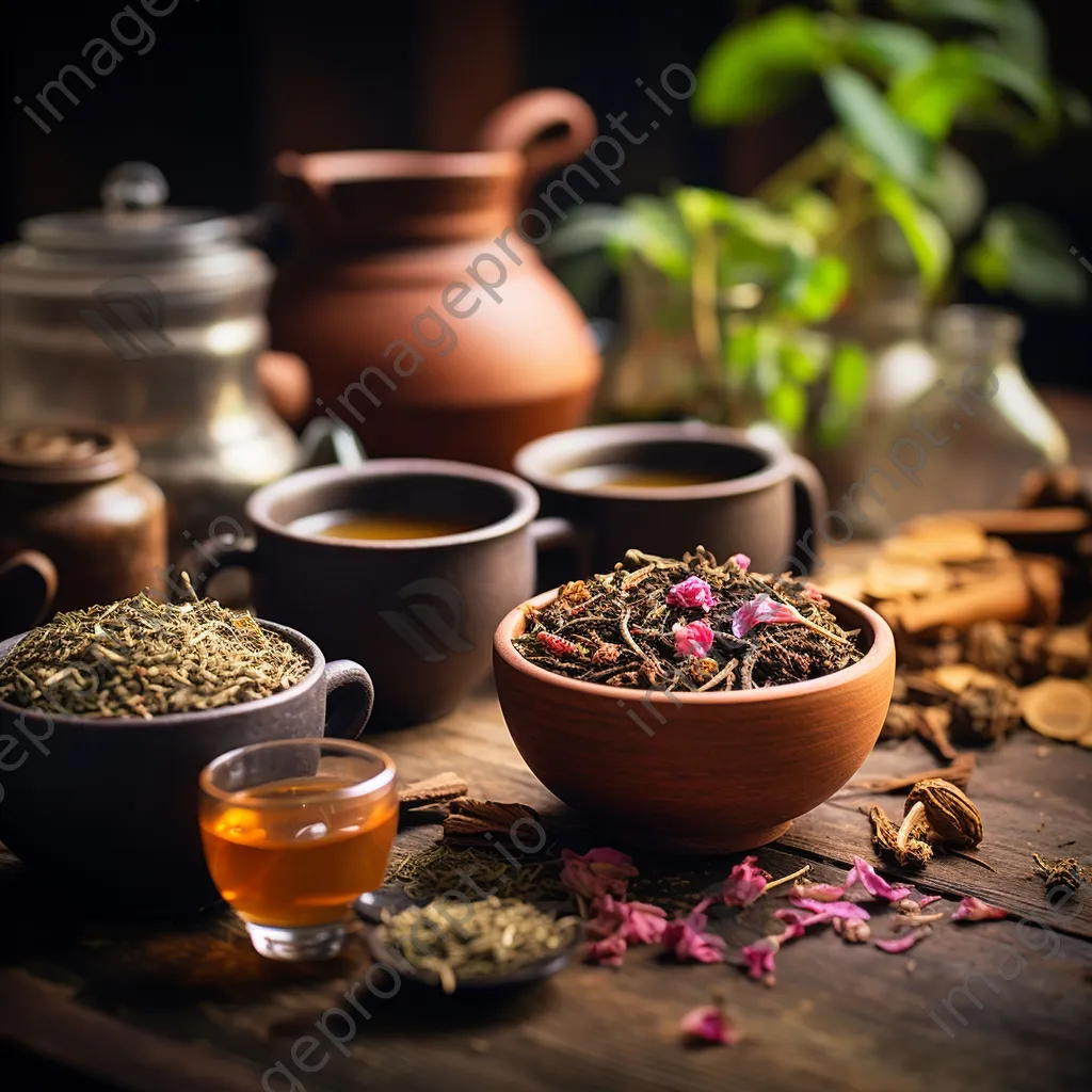 Still life of freshly brewed tea cups and loose leaves - Image 2