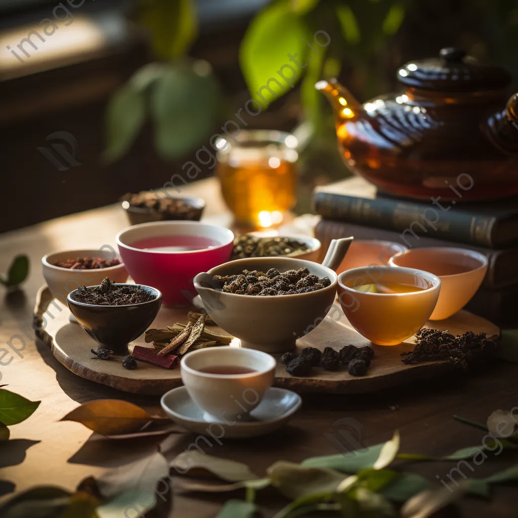 Still life of freshly brewed tea cups and loose leaves - Image 3