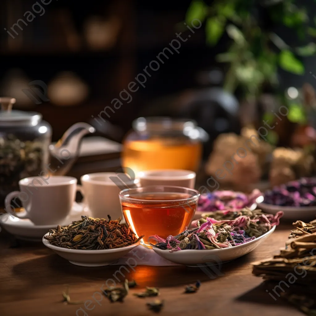 Still life of freshly brewed tea cups and loose leaves - Image 4