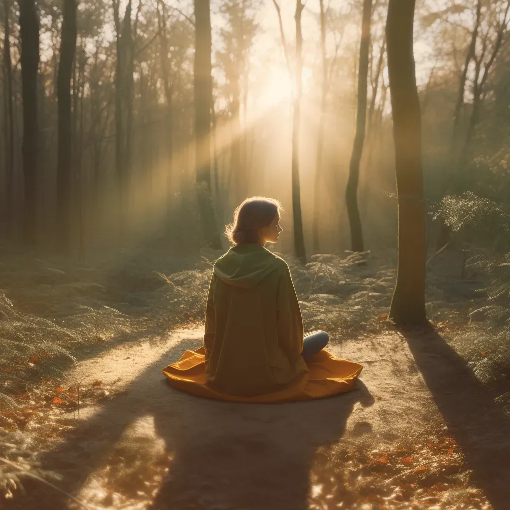 Woman Meditating in Tranquil Forest at Sunrise - Image Generated - Image 1