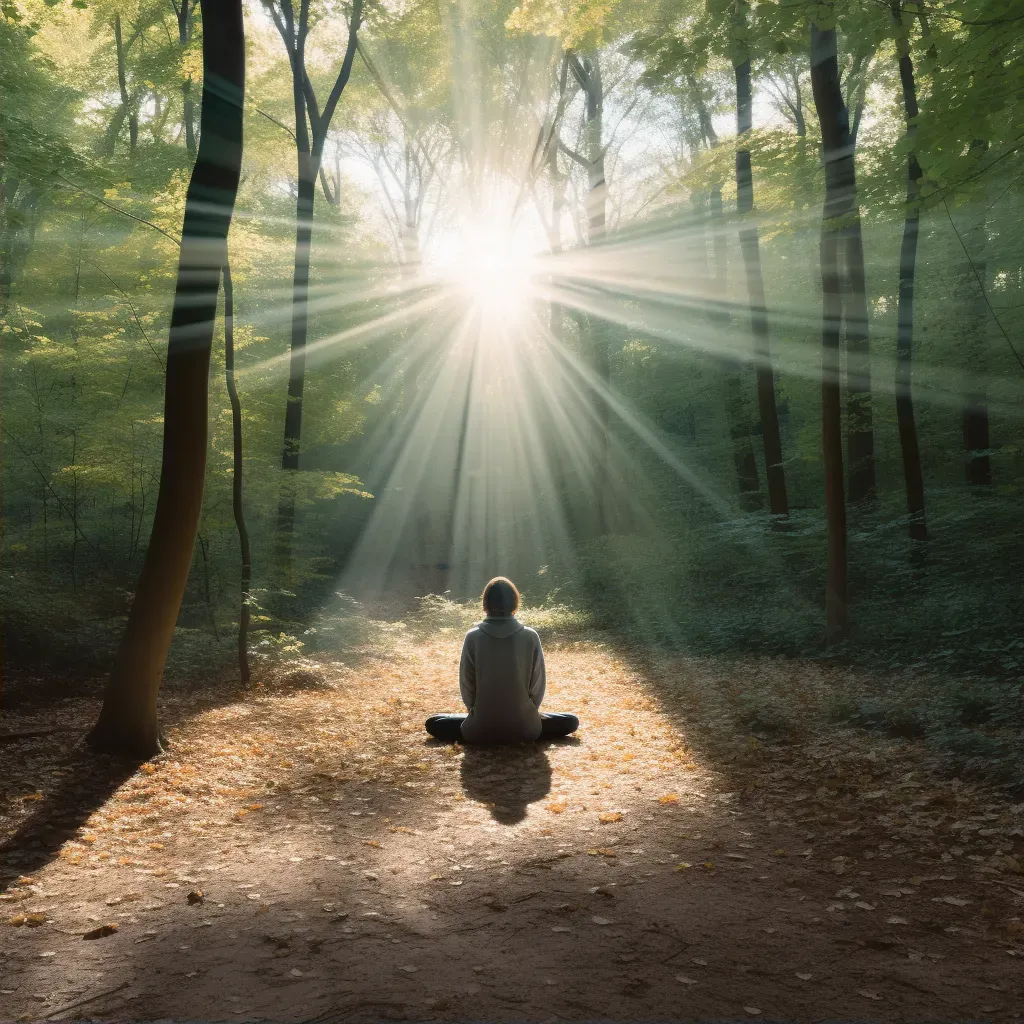 Woman Meditating in Tranquil Forest at Sunrise - Image Generated - Image 2