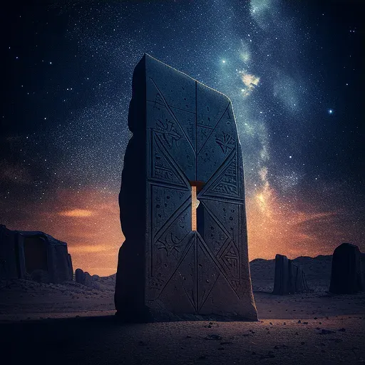 Image of ancient monolith under star-filled sky symbolizing civilization