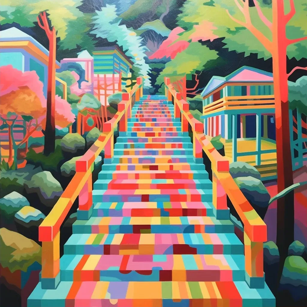 Artistic stairway in a public park with vibrant and colorful patterns, providing an immersive art experience - Image 2