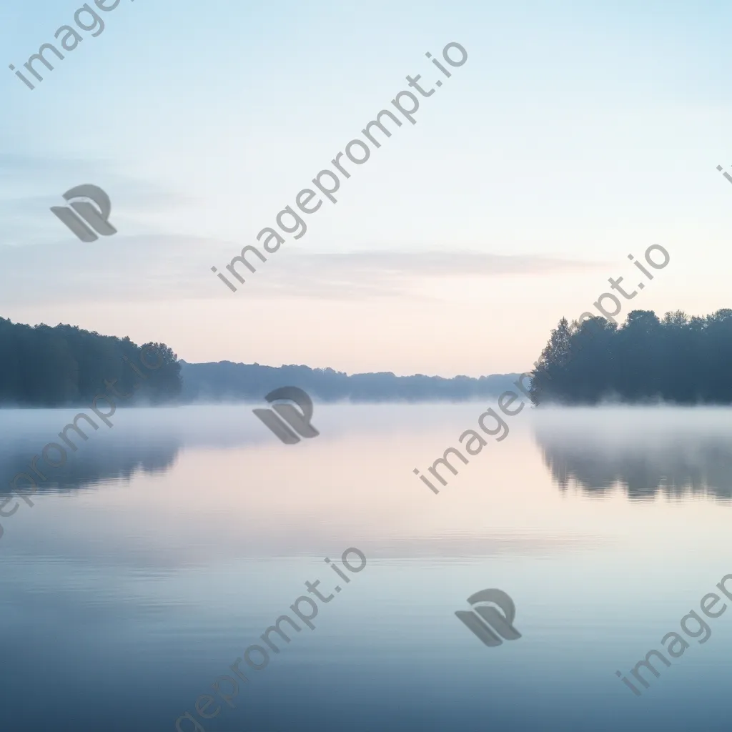 Blurred view of a misty lake at dawn - Image 1