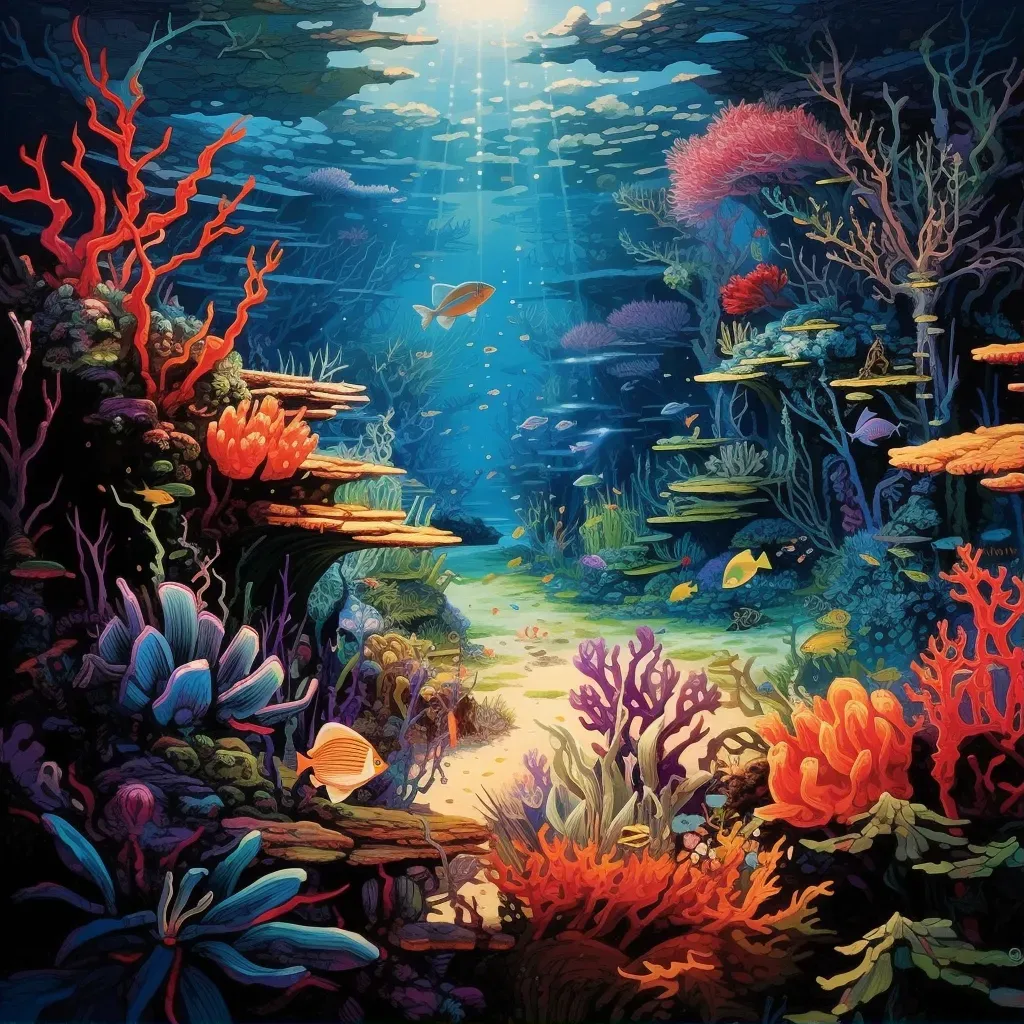 Underwater illustration of a colorful coral reef with marine life - Image 1