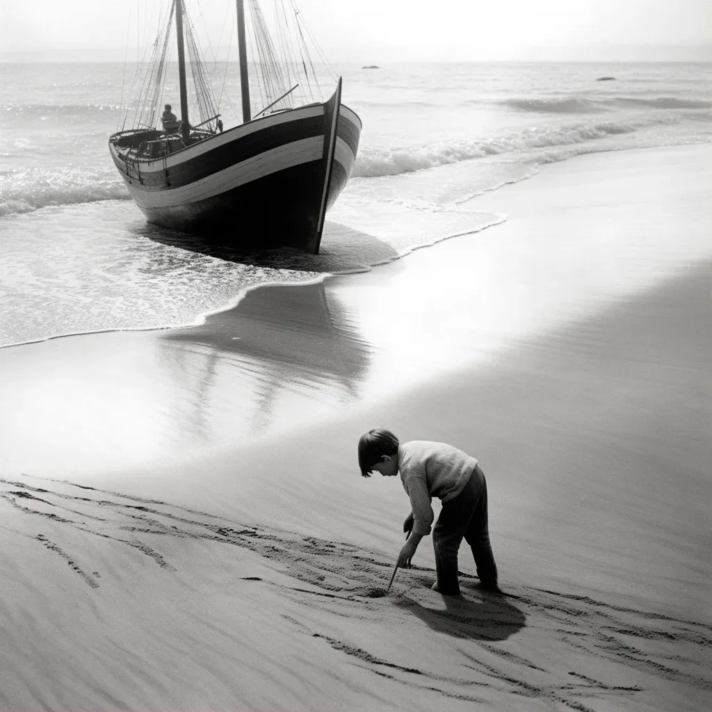 Boy drawing boat on sand with real boat revealed by waves - Image 1