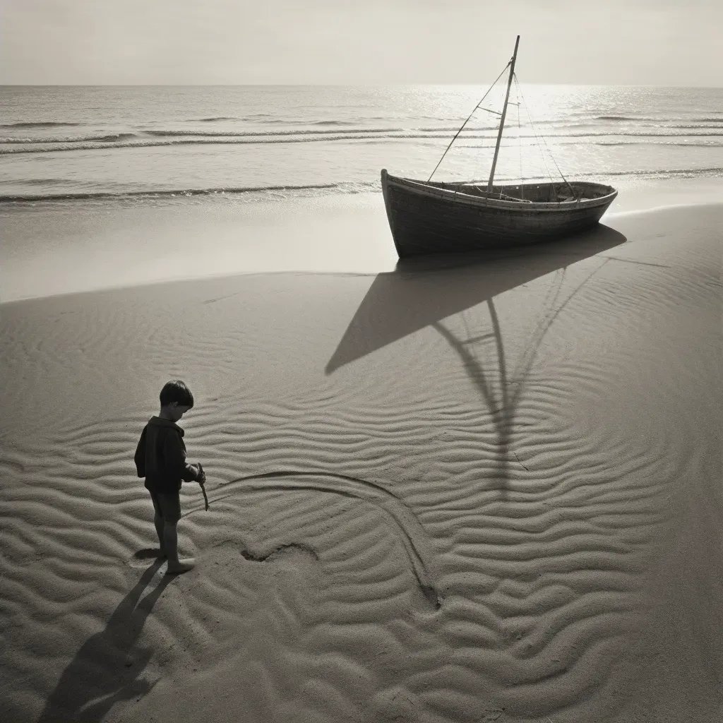 Boy drawing boat on sand with real boat revealed by waves - Image 2