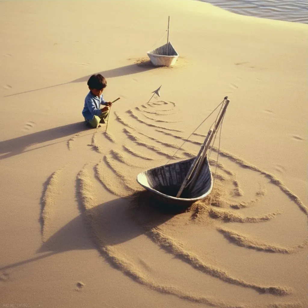 Boy drawing boat on sand with real boat revealed by waves - Image 3