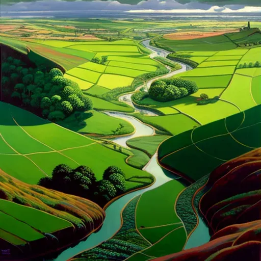 Vibrant Green Fields intersected by Winding Rivers