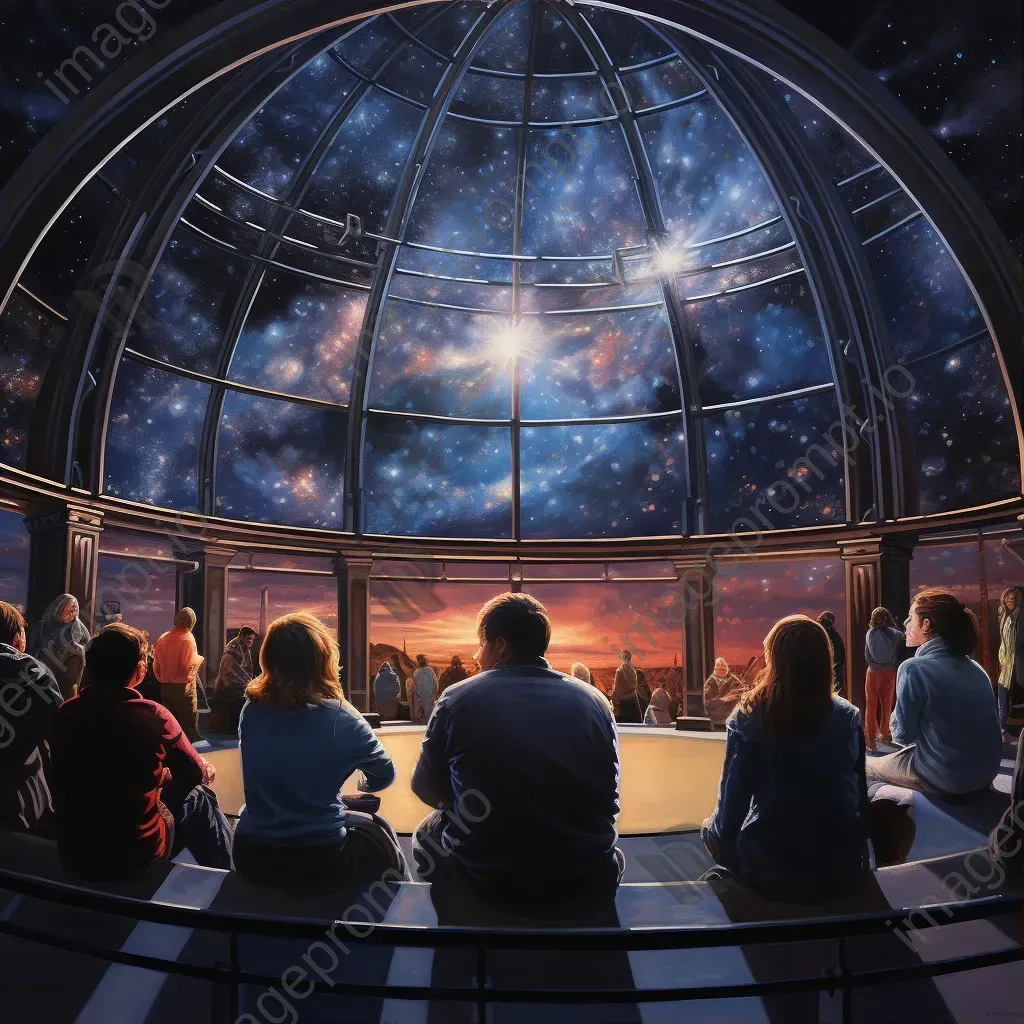 Realistic oil painting of observers stargazing from glass-domed observatory bathed in star light - Image 1