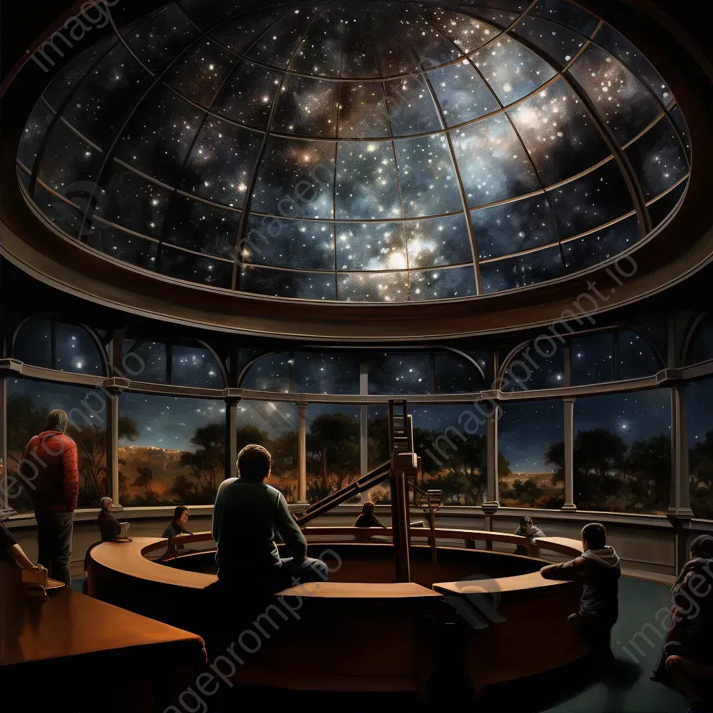 Realistic oil painting of observers stargazing from glass-domed observatory bathed in star light - Image 2