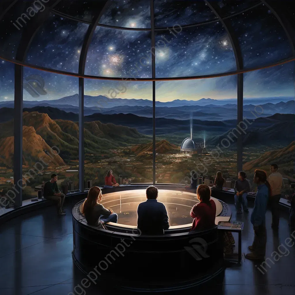 Realistic oil painting of observers stargazing from glass-domed observatory bathed in star light - Image 3