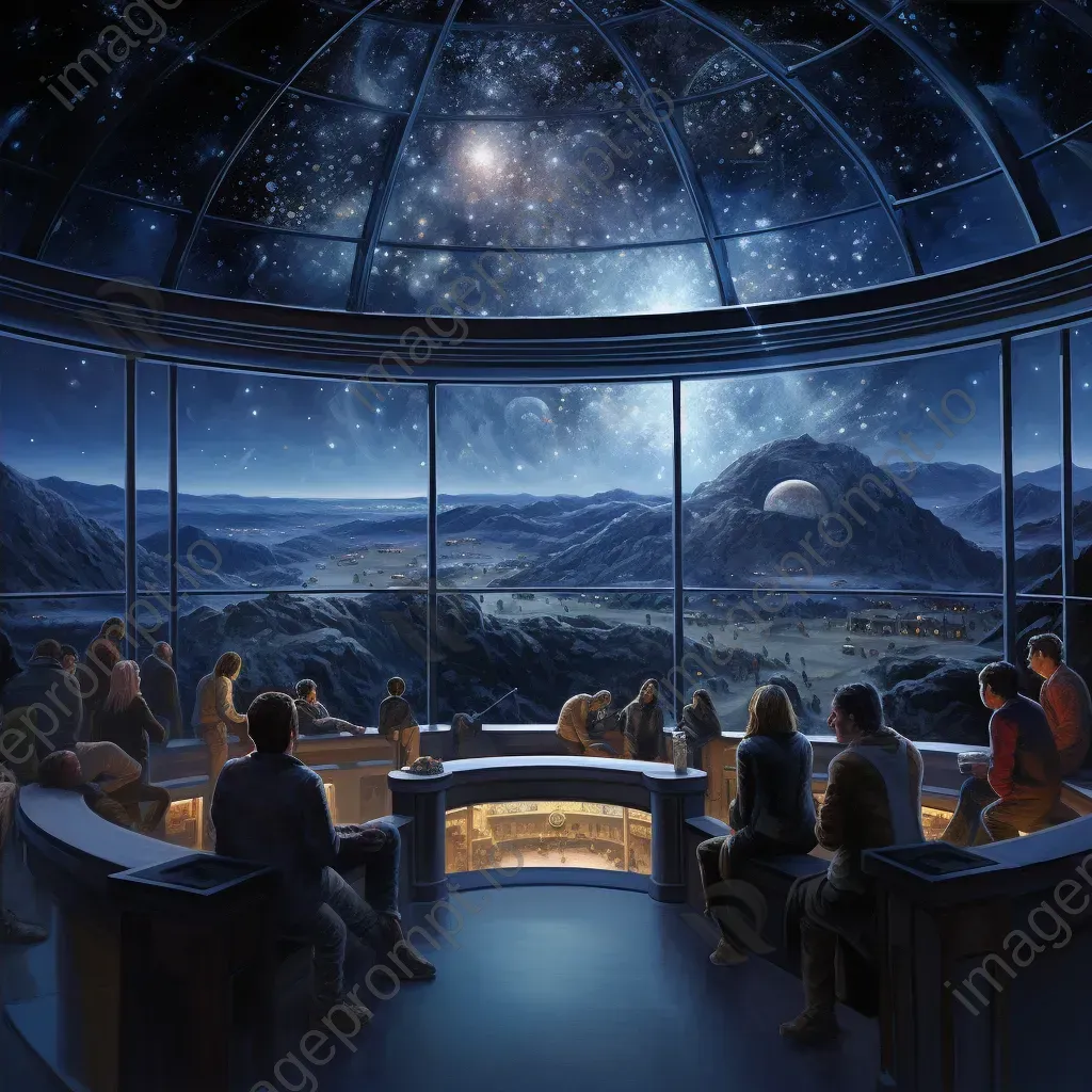 Realistic oil painting of observers stargazing from glass-domed observatory bathed in star light - Image 4