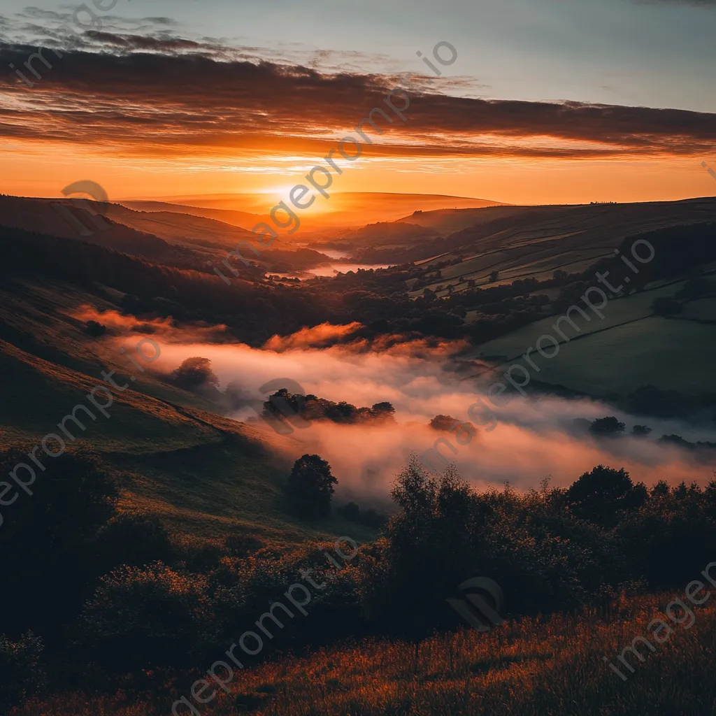 Sunset over a misty valley with warm colors and fog - Image 1