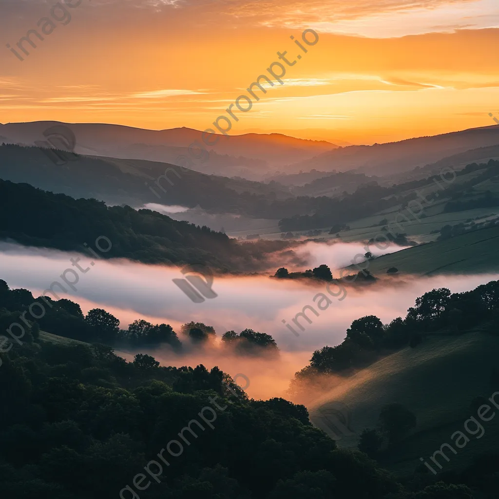 Sunset over a misty valley with warm colors and fog - Image 2