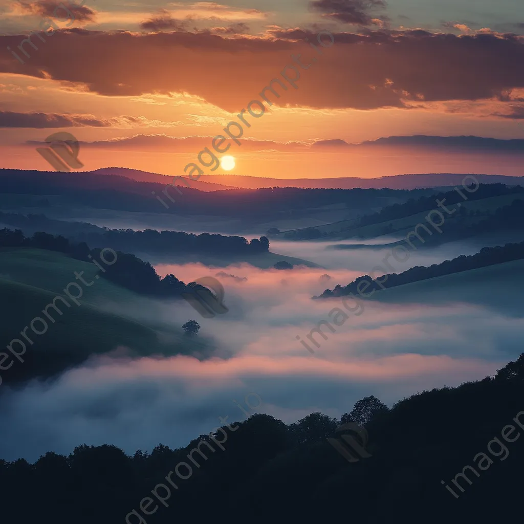 Sunset over a misty valley with warm colors and fog - Image 3