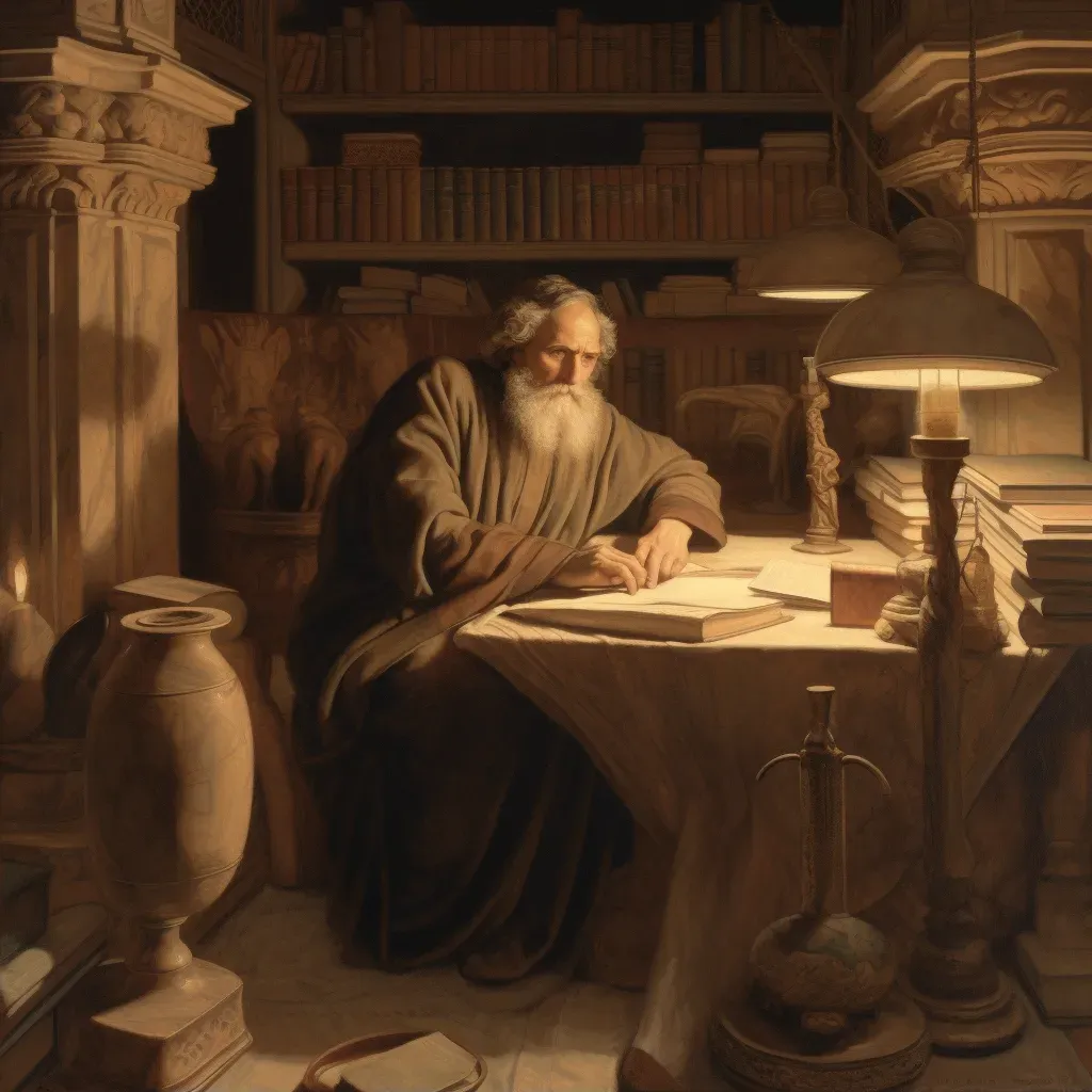 Ancient scholar surrounded by scrolls and candlelight in a study - Image 2