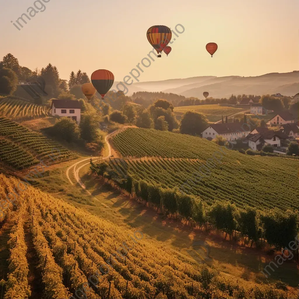 Hot air balloons over a tranquil vineyard at golden hour - Image 1