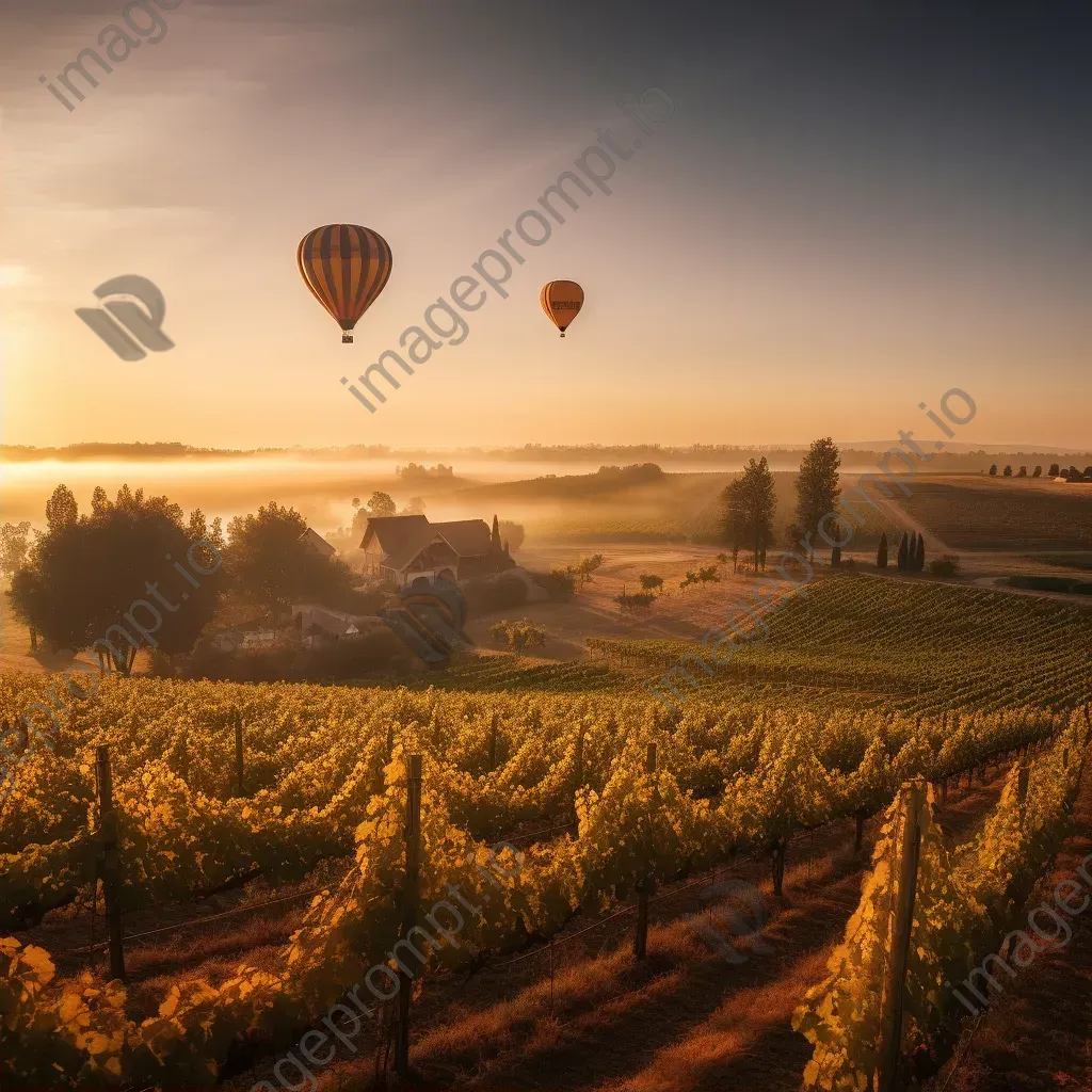 Hot air balloons over a tranquil vineyard at golden hour - Image 2