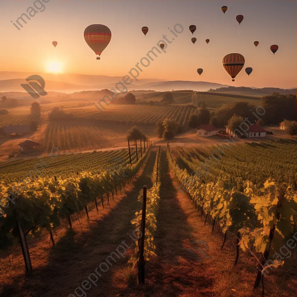 Hot air balloons over a tranquil vineyard at golden hour - Image 3